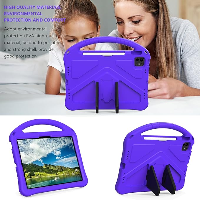 Kids Case for iPad Air 11 inch M4/M3/M2 (2026/2025/2024) & iPad Pro 11 inch M5/M4 (2025/2024) with Pencil Holder/Handle Kickstand/Lightweight Soft EVA Shockproof Boy Girl Stand Cover, Purple