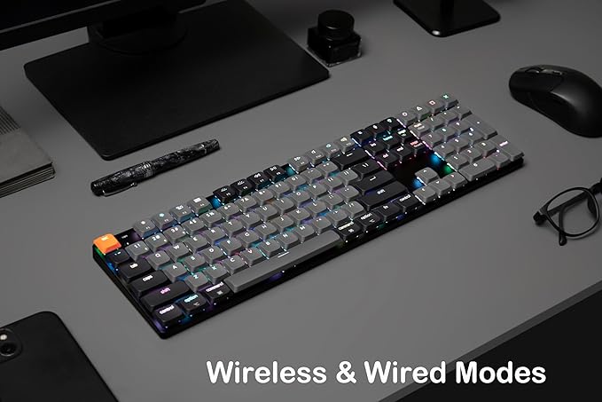 Keychron K5 Version 2, QMK Ultra-Slim 100% Full Size Layout Wireless Mechanical Keyboard, Hot-swappable 104 Keys Low-Profile Mechanical Brown Switch, RGB Backlight Wired/Bluetooth for Mac/Windows