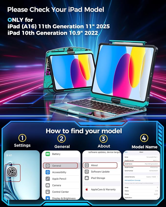 SIBEITU Keyboard Case for iPad A16 11th Gen 11" 2025 & 10th Gen 10.9" 2022, Clear Wireless Keyboard Protective Cover with Multi-Touch Trackpad, 7-Color Backlight & 3-Brightness, 360 Rotatable, Blue