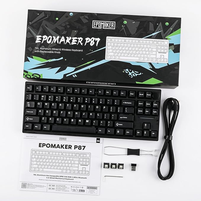 EPOMAKER P87 TKL Aluminum Wireless Gaming Keyboard, QMK/VIA Programmable, 87% BT/2.4Ghz/USB-C, with CNC Metal Knob and RGB Backlight (Black, Wisteria Linear Switch)