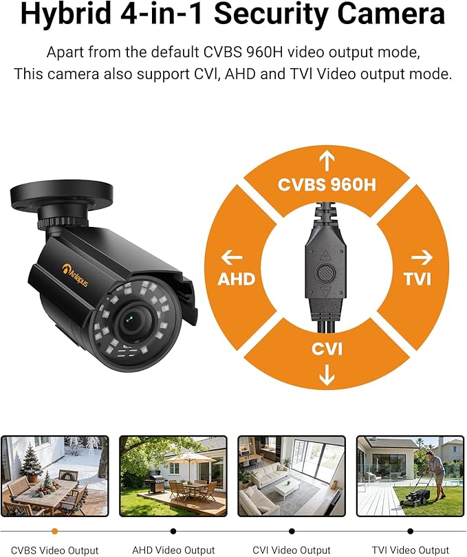 Anlapus 1080P Hybrid 4 in 1 Security Camera, HD TVI/CVI/AHD/CVBS Indoor Outdoor CCTV Bullet Cam, Metal Housing, IP66 Weatherproof, 80ft Night Vision, for 960H,720P,1080P,5MP,4K Analog Surveillance DVR