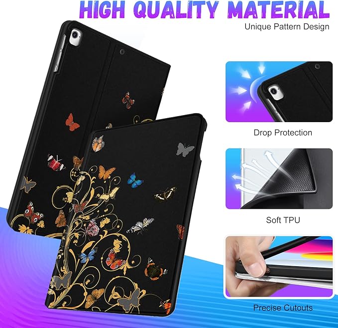 Uppuppy iPad Case for 5th/6th Gen, Air 1st/2nd Gen, Pro 9.7 Inch - Cute Black Butterfly Design Folio Cover for Kids, Women, Girls
