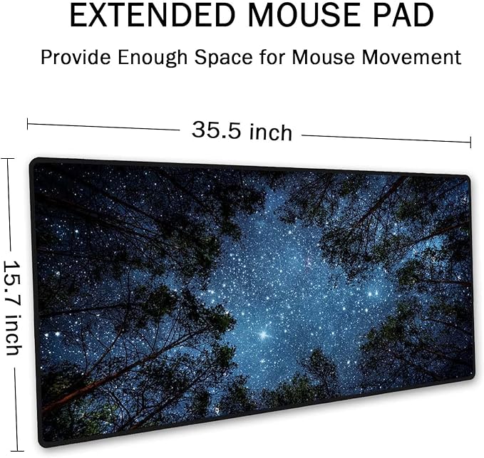 SSOIU The Milky Way and The Trees Mouse Pad 35.5 X 15.7 Inch XXL Night Sky Full Desk Mousepad Extended Large Non-Slip Rubber Base Waterproof Big Keyboard Mat with Stitched Edges for Gaming and Office