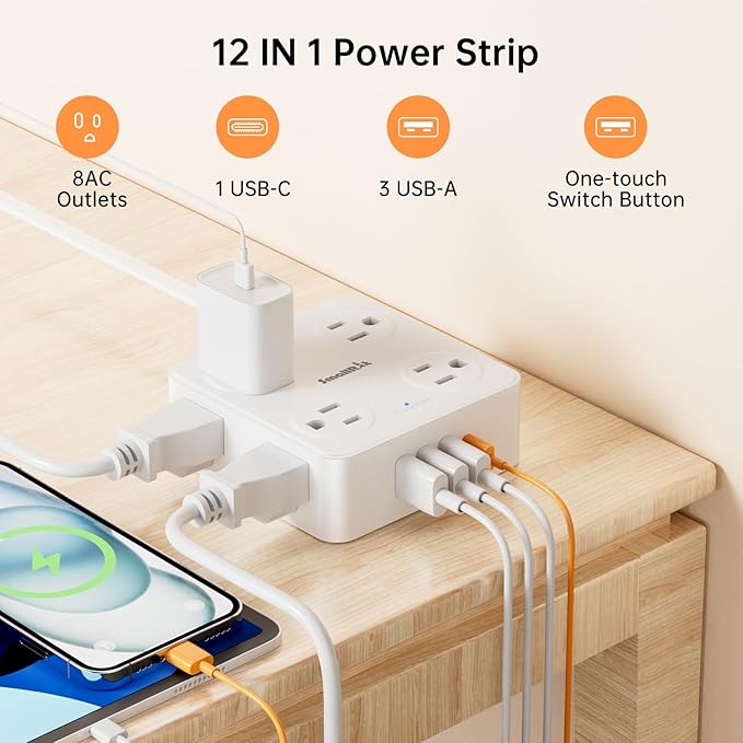 10Ft Power Strip with Surge Protector, 8 Outlets 4 USB Ports Extension Cord, Flat Plug Charging Station for Home Office Desk & College Dorm Essentials, White