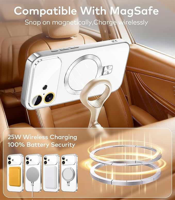 TOBOVON Magnetic for iPhone 17 Case with Ring Stand, Fits MagSafe, with Built-in Camera Lens Protector, Slim Electroplated Shockproof Phone Cover, Silver