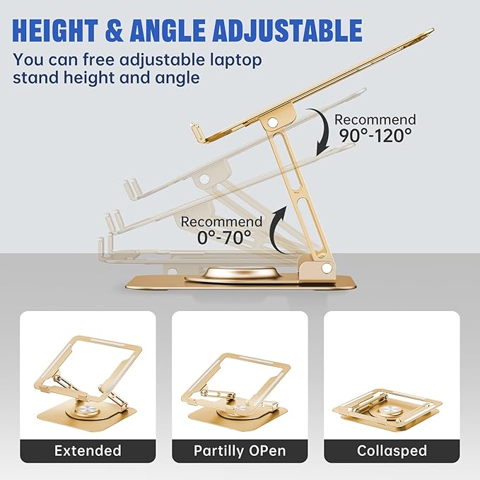 JOYEKY Laptop Stand for Desk, Adjustable Computer Stand with 360° Rotating Base, Ergonomic Laptop Riser for Collaborative Work, Foldable & Portable Laptop Stand, fits for All 10-16" Laptops (Gold)