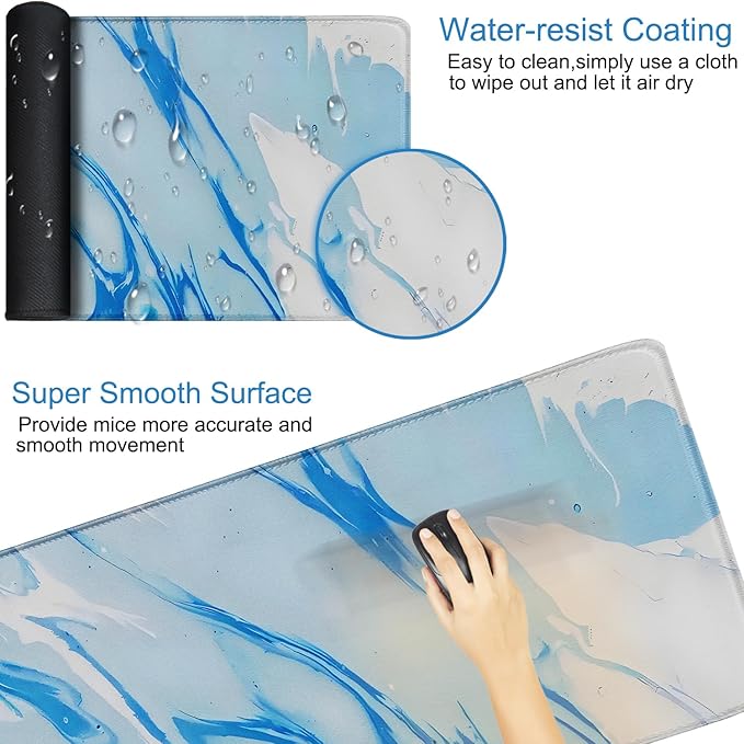 Extra Large Gaming Mouse Pad 31.5 x 11.8 in, Waterproof Mousepad with Stitched Edges, Premium Microfiber Cloth Surface, Non-Slip Base Keyboard Desk Mat for Home Office Gaming, Marble Blue White