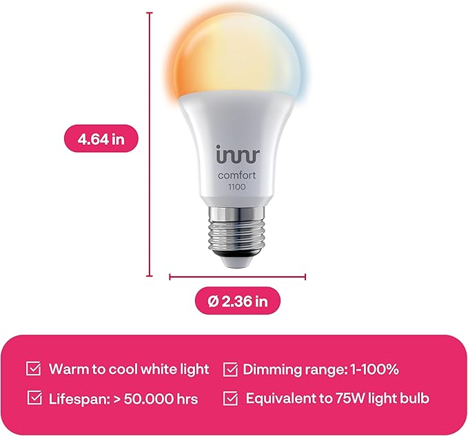 innr Smart Light Bulbs, A19 Zigbee, Works with Philips Hue* and Alexa (Bridge Required), Warm to Cool White, Dimmable, E26 LED Bulb 75 Watt, Soft White Light, 1140lm, 1-Pack
