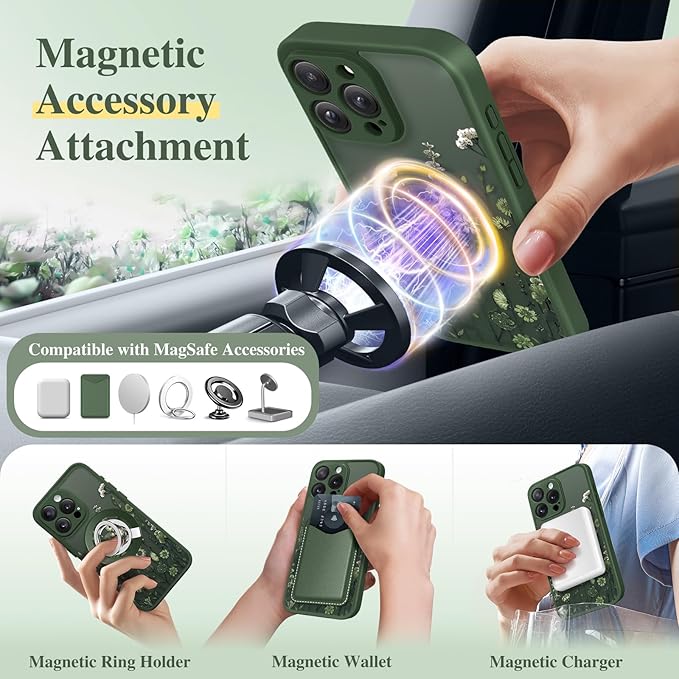 GVIEWIN for iPhone 16 Pro Case Compatible with MagSafe, [Military Grade Protection] [Screen Protector] Full Camera Protection Floral Translucent Women Magnetic Phone Case, Floratopia/Forest Green