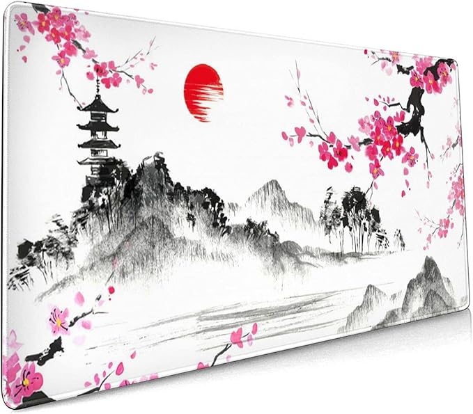 Watercolor Cherry Blossom Mouse Pad 35.4 X 15.7 Inch Japanese Hills Extended Large Pink Mouse Mat Non-Slip Rubber Base Mousepad with Stitched Edges Waterproof Desk Pad for Gaming&Home Office,XL