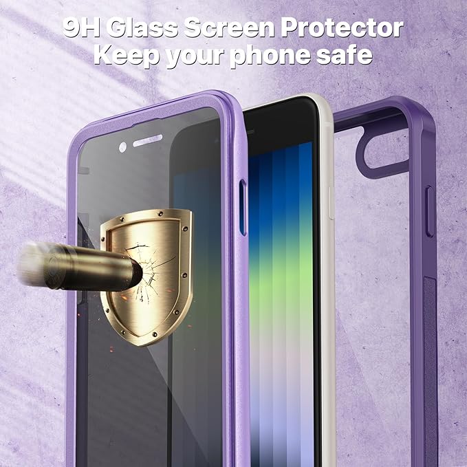 CENHUFO Privacy Case for iPhone SE 2022 3rd / iPhone SE 2020 2nd / iPhone 8/7, Full Body Phone Cover with Built-in 9H Tempered Glass Privacy Screen Protector, Anti Peep Shockproof Bumper - Purple