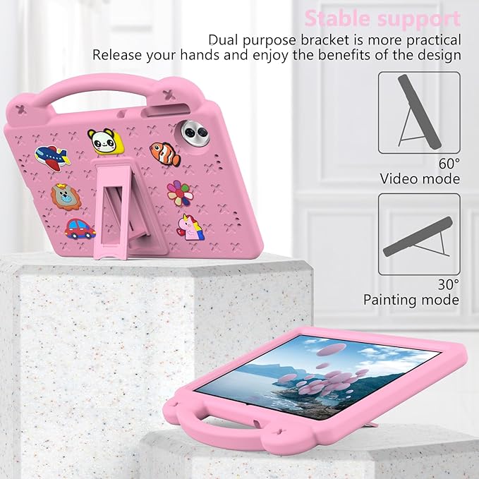 AKABEILA Compatible with Honor Pad 10 2025 12.1 inch Tablet Case, Kids Friendly Universal Lightweight Shockproof Protective Case with Shoulder Strap & Stand Handle Pink