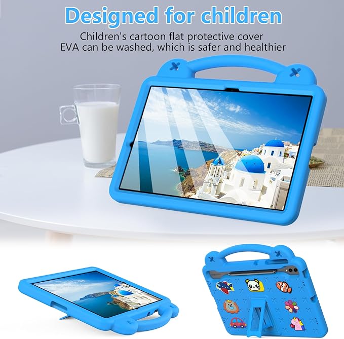 AKABEILA Compatible with Samsung Galaxy Tab S7 FE 12.4(2021)/Tab S7 Plus(2020)/Tab S8 Plus(2022) 12.4/Tab S9 Plus(2023) 12.4 Tablet Case, Stand Handle & Pen Tray for Girl Kid Gift Sky Blue