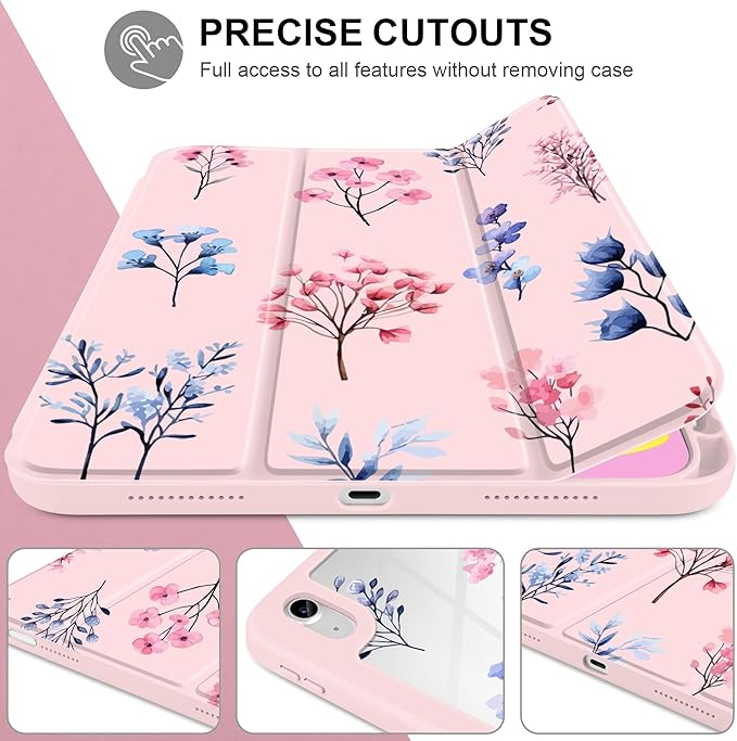 Case for iPad Air 11 inch M4 2026 M3 2025 M2 2024 Release with Pencil Holder Clear Back Shell Pink Lightweight Shockproof TPU Edge Trifold Stand Auto Wake Sleep Cute Cover, Hand-Drawn Florals