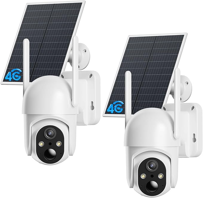 ELYSOO 4G LTE Cellular Security Camera, 2 Pack Solar Powered Outdoor Cameras No WiFi Needed for Farm&Ranch, 360° View, 2K Night Vision, Built in SIM Card(Support Verizon/AT&T/T-Mobile) - White