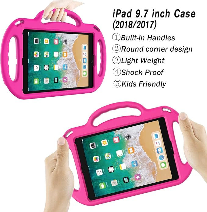 LTROP Kids Case for iPad 5th/6th Generation (2017/2018) & Air 2, Shoulder Strap Handle Stand Shockproof Bumper Cute Kid Case for iPad 9.7 Inch, Pink
