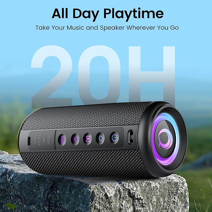 Portable Bluetooth Speaker, 2026 Bluetooth 5.4 Wireless Speaker with 20W HD Loud Stereo Sound, TWS Pairing, 20H playtime, RGB Lights, IP7, Built-in Mic, for Outdoor, Home, Beach, Party, Gift, Black