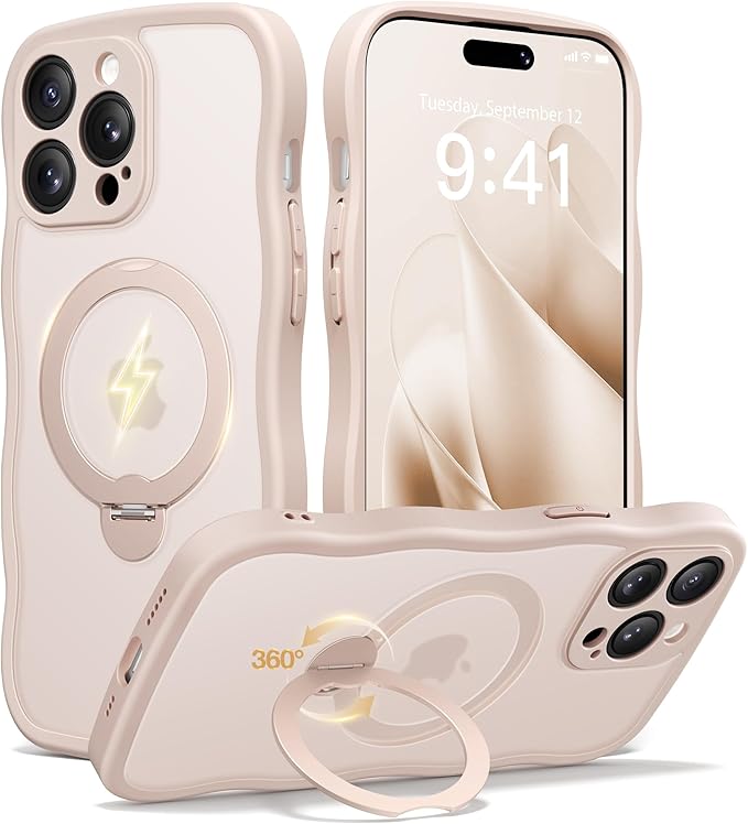 CAPRARO for iPhone 14 Pro Max Case with 360° Spin Magnetic Stand for Women, [Compatible with MagSafe] [Full Camera Protection] Cute Wave Translucent Matte Case for iPhone 14 Pro Max, Rose Gold