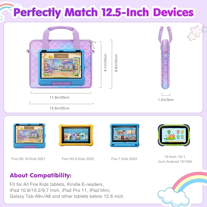 MoKo 10-12.5 Inch Kids Tablet Sleeve Carrying Case for Fire HD 10 13th/11th Gen, Fire HD 8/7 Kids 2022, Tablet Bag with Shoulder Strap for 10/10.1" Android 12/13, Rainbow & Unicorn, Mermaid-Purple