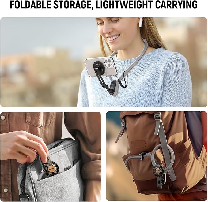 Neewer Magnetic Neck Holder for Action Camera Phone Hands Free Neck Tripod Chest Mount Compatible with GoPro DJI Insta360 iPhone15 Android Neck Phone Holder for POV Vlog, Gray, GP16