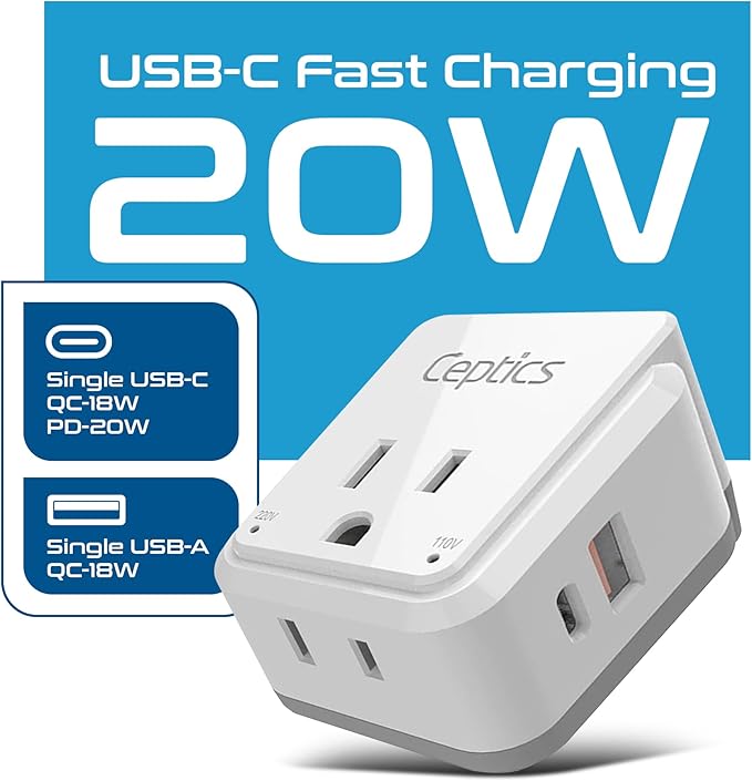 Ceptics Germany, Korea Travel Plug Adapter Set, 20W PD & QC, Safe Dual USB & USB-C - 2 USA Socket - Use in Schuko, France, Russia, Netherlands - Includes Type E/F SWadAPt Attachments
