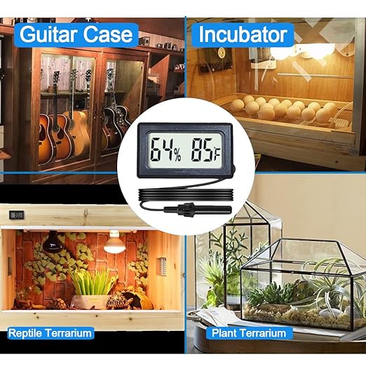 4-Pack Mini Digital Hygrometer Thermometer Gauge with Probe LCD Display Temperature Fahrenheit Humidity Meter for Incubator Reptile Plant Terrarium Sealed Containers Guitar Case