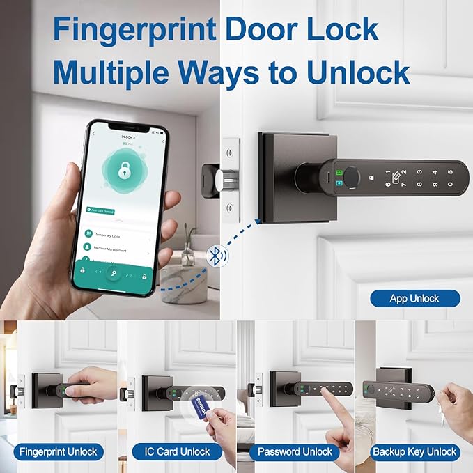 BIWIBON Fingerprint Door Lock, 5 in 1 Finger Print Door Knob with Smart APP/Fingerprint/IC Cards/Password/Backup Keys, Smart Door Knob with Keypad for Bedroom, Office, Apartment, Starry Grey