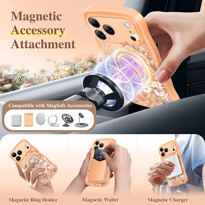 GVIEWIN for iPhone 17 Pro Max Case Compatible with MagSafe [Curly Wave Edge][Full Camera Protection] Floral Translucent Shockproof Magnetic Women Phone Case for 17 Pro Max, Campanula/Orange