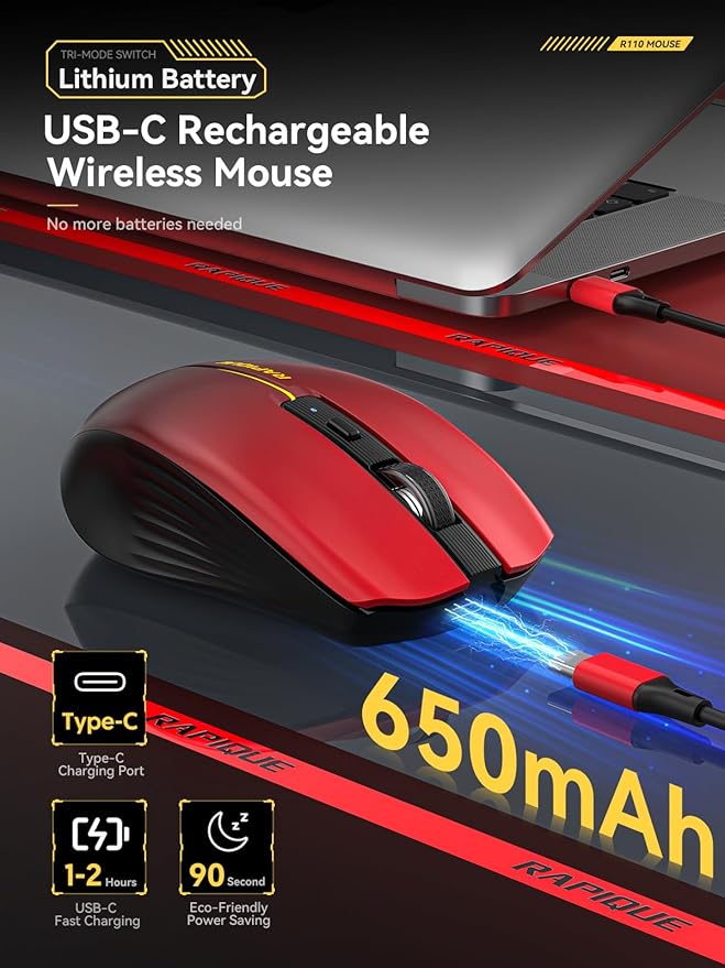 RAPIQUE Bluetooth Wireless Mouse - (BT1/BT2+USB) Tri-Mode High Performance, Rechargeable, Multi-Device Compatible with PC/Laptop/Computer/MacBook/iPad Air Pro (Red Gradient)
