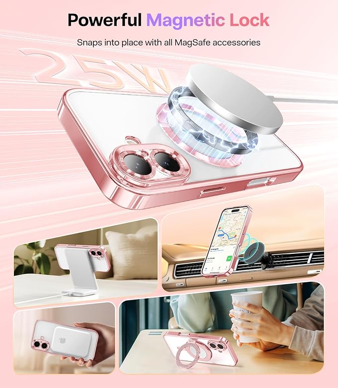 Meifigno Designed for iPhone 17 Case, [Glitter Card & Wrist Strap] [Compatible with MagSafe] [1HD+1X Privacy Screen Protectors] Surround Raised Lens Protection for iPhone 17 Case 6.3 Inch, Rose Gold