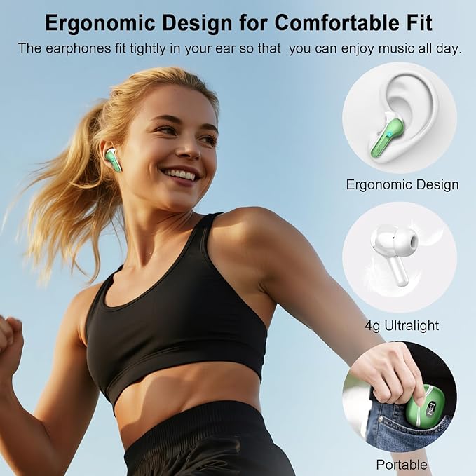 Wireless Earbuds, Bluetooth Headphones 5.4 HiFi Stereo, Ear Buds with 4 ENC Noise Cancelling Mics, 48H Bluetooth Earbuds with Dual LED Display, IP7 Waterproof in Ear Earphones for Android iOS, Green