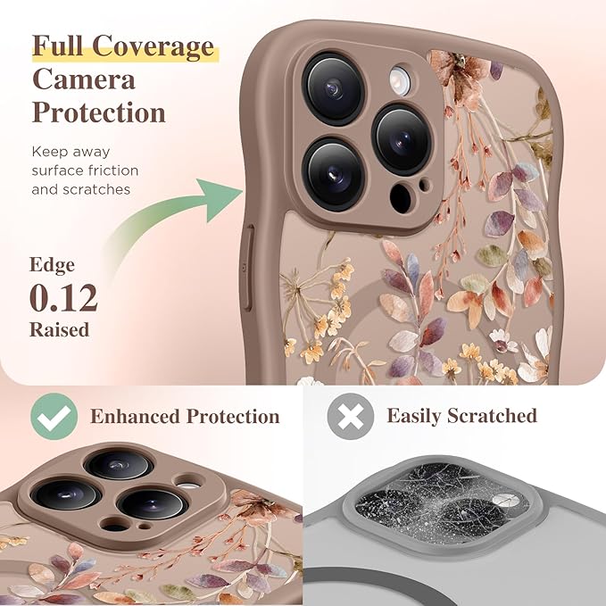 GVIEWIN for iPhone 16 Pro Max Case Compatible with MagSafe [Curly Wave Edge][Full Camera Protection] Floral Translucent Shockproof Magnetic Women Phone Case for 16 Pro Max, Corn Poppy/Brown