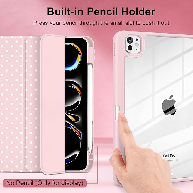 Case for iPad Pro 11 Inch (M5 2025 M4 2024) – [Built-in Pencil Holder], Shockproof & Stylish, Clear Hard Back + Soft TPU Edge, Magnetic Trifold Stand, Auto Wake/Sleep, Pink White dot