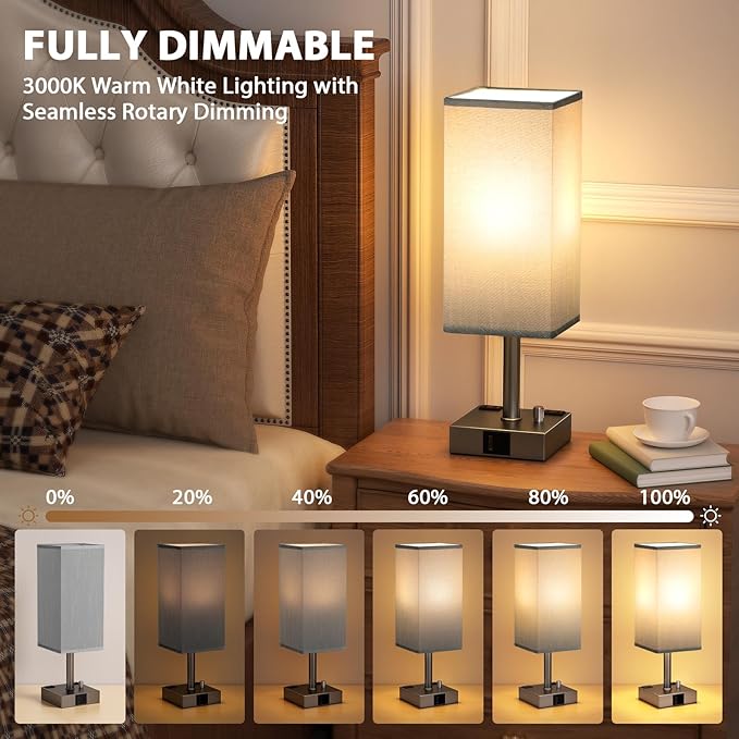 aooshine Grey Fully Dimmable Nightstand Lamps Set of 2 - Table Bedside Lamp with USB C+A Charging Ports & 2 AC Outlets, Square Lamp Sets Linen Fabric Shade for Bedroom Living Room(Bulb Included)