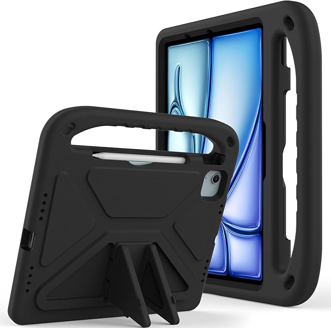 Kids Case for iPad Air 11 inch M4/M3/M2 (2026/2025/2024) & iPad Pro 11 inch M5/M4 (2025/2024) with Pencil Holder/Handle/Kickstand Lightweight Shockproof Cute Soft EVA Foam Stand Cover, Black