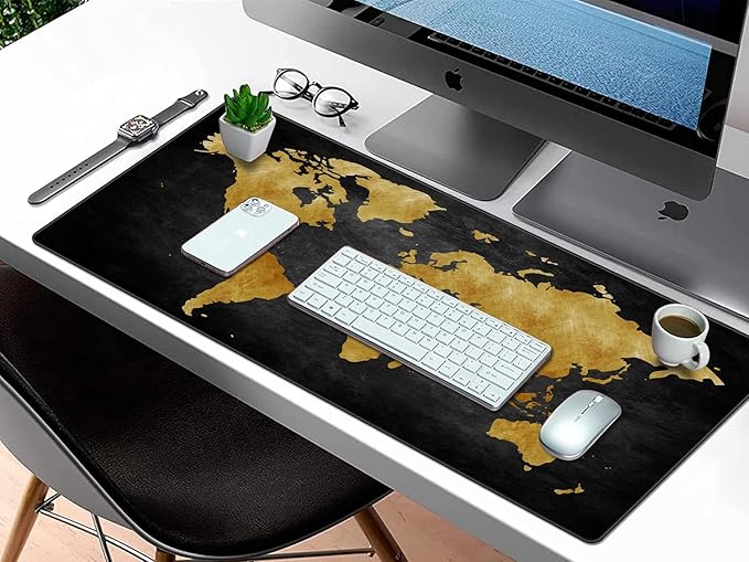 Rinaze Mouse Pad Desk Mat, Multifunctional Large Gaming Mousepad, Office Desk Pad with Washable Durable Design, Keyboard Pad in Black World Map