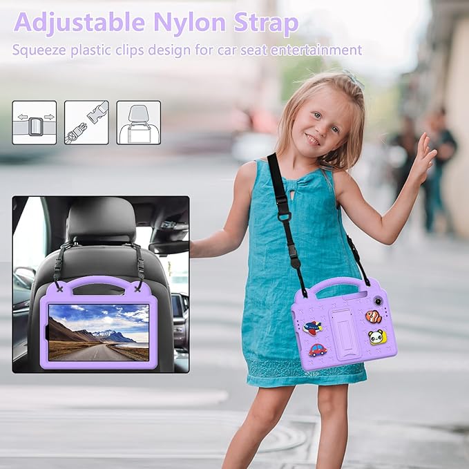 AKABEILA Compatible with Lenovo Tab One 2025 8.7 inch Tablet Case, Kids Friendly Universal Lightweight Shockproof Protective Case with Shoulder Strap & Stand Handle Light Purple