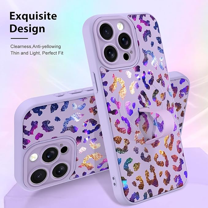 KANGHAR Compatible with iPhone 15 Pro Case, Support for MagSafe, Silicone Cute Iridescent Leopard Cheetah Pattern, Wristband Kickstand Shockproof Protective Slim Cover for Women Girls, Purple