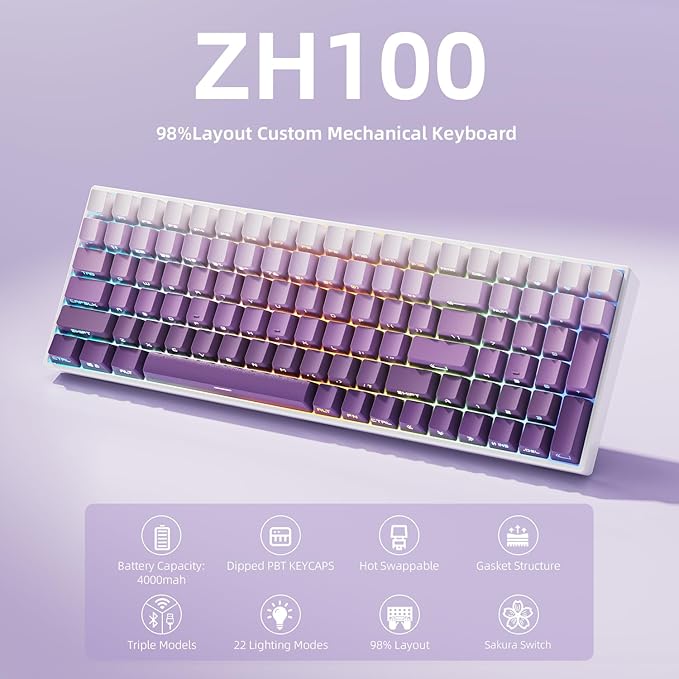 ZORNHER ZH100 Wireless Mechanical Keyboard,98% Purple Creamy Keyboard with Number Pad,Full Size Gaming Keyboard,Lighted Up PBT Dipped Keycaps,Creamy Sounding Linear Switches
