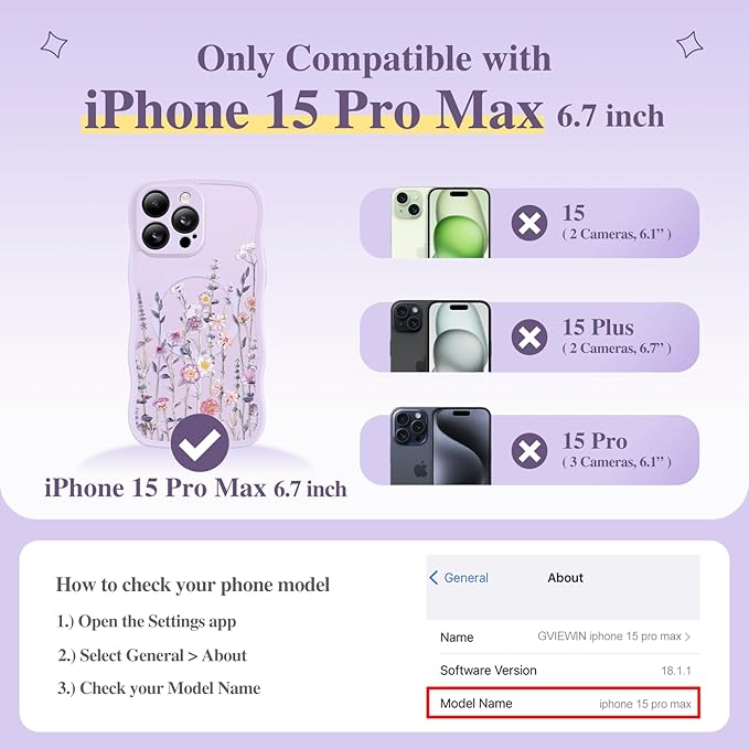 GVIEWIN for iPhone 15 Pro Max Case Compatible with MagSafe [Curly Wave Edge][Full Camera Protection] Floral Translucent Shockproof Magnetic Women Phone Case for 15 Pro Max 6.7'', Floratopia/Purple