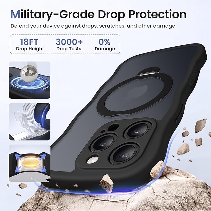 CAPRARO for iPhone 16 Pro Case with 360° Spin Magnetic Stand for Women, [Compatible with MagSafe] [Full Camera Protection] Cute Wave Translucent Matte Case for iPhone 16 Pro, Black