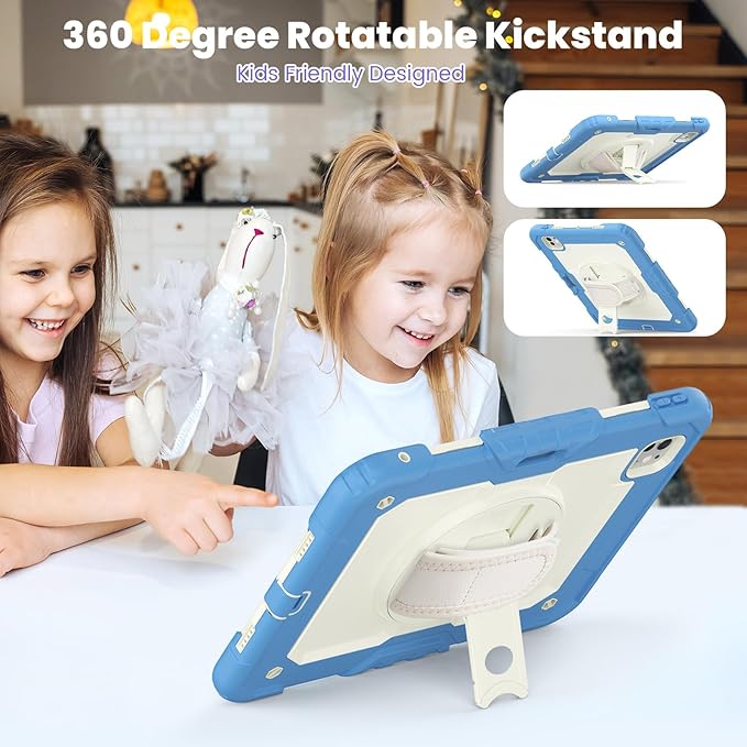 Case for iPad Pro 11 M4 2024 with Screen Protector | Silicone Rugged Protection Case with Rotating Stand Hand Strap Shoulder Strap for iPad Pro 11 Inch 5th Generation Model A2836/A2837/A3006