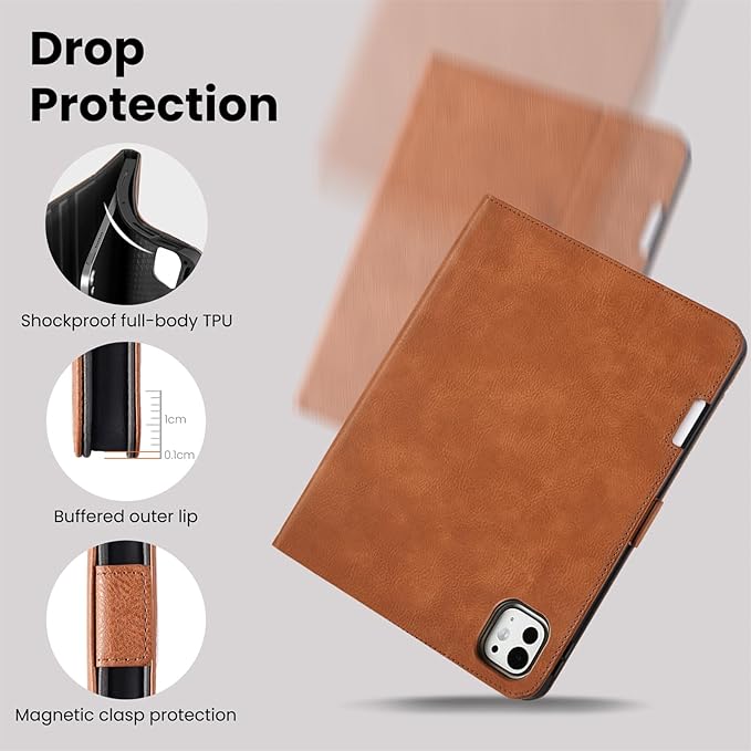 Handmade Case for iPad Pro 11 Inch (M5/M4) 2025/2024 with Pencil Holder Pocket,Magnetic Closure,Auto Sleep/Wake,Vegan Leather Folio Protective Cover,Multi Angles Stand,Brown