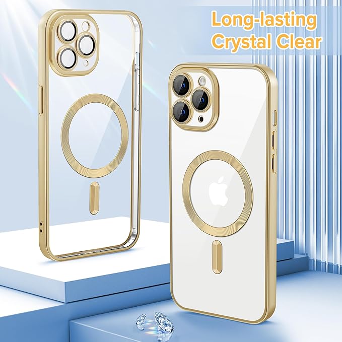 Hython Magnetic Clear for iPhone 11 Pro Case with Camera Lens Protector [Compatible with MagSafe] Luxury Plating Edge Slim Soft TPU Cover Protective Phone Case for iPhone 11 Pro 5.8", Matte Gold