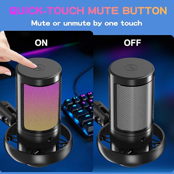 KingSom Gaming USB Microphone,Noise Cancellation Condenser Mic with Boom Arm,Podcast Microphones RGB Computer Mic,Streaming Microphone with Pop Filter, Mute Button,Gain for Recording,Discord,YouTube