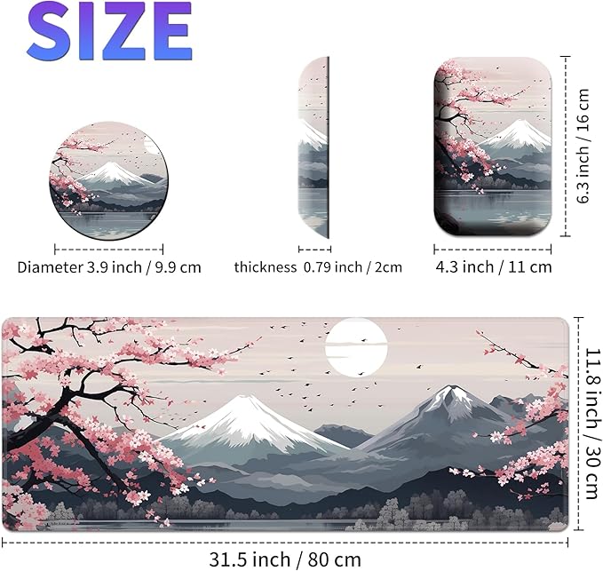 Large Mouse Pad Set, Desk Mat + Elbow Rest Pad + Coaster, Easy Typing Pain Relief, Ergonomic Arm Rest Pad with Memory Foam, Extended Desk Pad Anti-Slip Rubber Base for Home, Cherry Blossom Mount Fuji