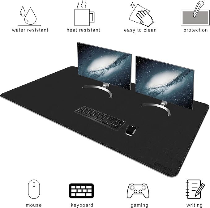 Chihein 55" x 28" 4XL PU Leather Desk Mat (Black/Gray), Huge Mouse Pad, Double-Sided Use Desk Blotter for Gaming, Work, Home