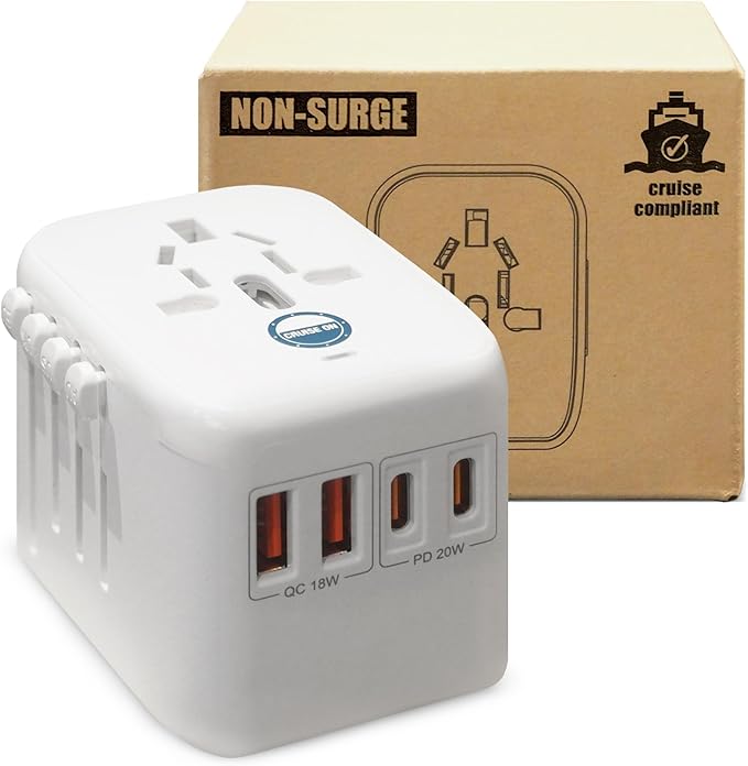 Cruise On Universal Travel Adapter, Cruise Approved (incl Royal Caribbean, Disney, MSC) - International Power Adapter [2 USB-C, 2 USB, AC] World Travel Plug Adapter Converter USA, Italy, Europe, Asia