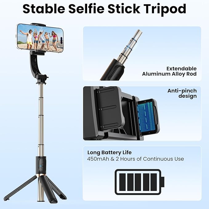 Smartphone Gimbal Stabilizer, 1-Axis Auto Balance & 360° Rotation, Extendable Aluminum Selfie Stick Tripod with Remote Control for iPhone & Android,Travel, Vlogging, TikTok, YouTube