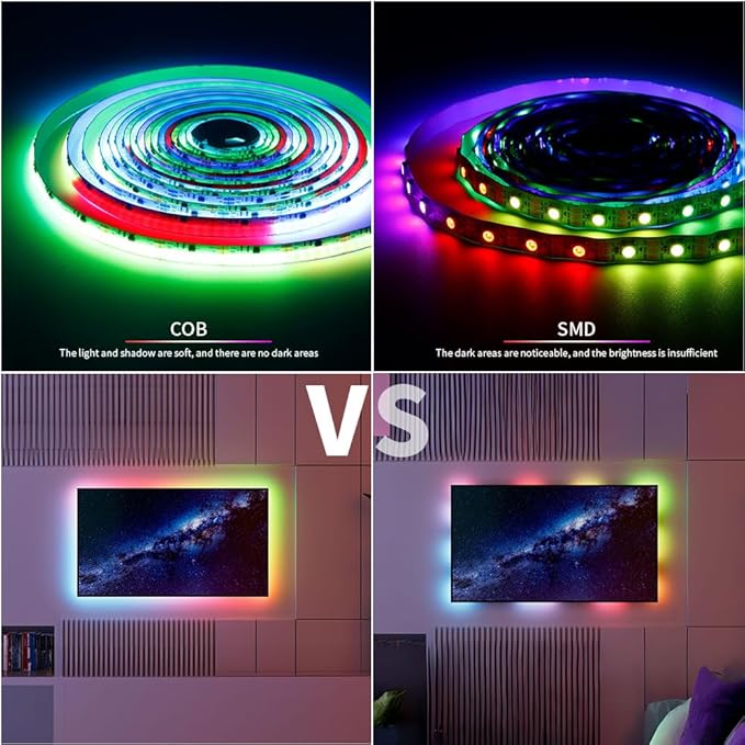 DC5V Smart WS2811 IC RGB COB LED Strip 16.4FT/5M, 720LED/m 40IC/M 10mm Width High Density Uniform Chasing Color Light DC5V White PCB Flexible Tape Light(No Adapter or Controller)